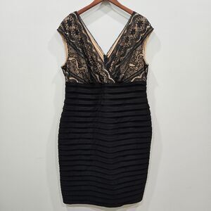 Adrianna Papell Womens Lace Sheath Dress Large Black Pleated Romantic Goth Fairy